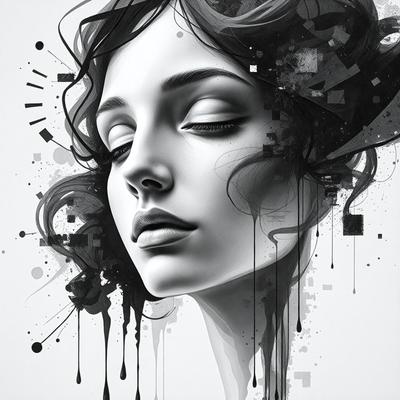 The primary subject of the image is a woman with long hair, who is the main focus of the scene. She is depicted with a thoughtful expression, possibly sleeping or daydreaming. The setting is a black and white background, which adds a sense of timelessness and elegance to the image. The visual style is a combination of digital art and illustration, creating a unique and artistic representation of the woman. The colors and mood of the image are predominantly black and white, with a touch of gray, which gives it a classic and sophisticated feel.